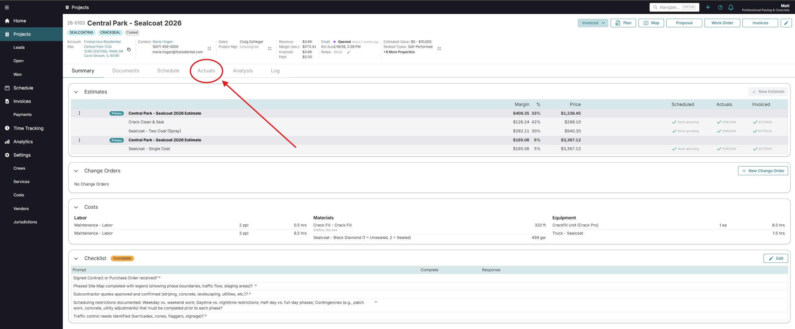 OneCrew Project page showing the Analysis tab for a fully costed job.