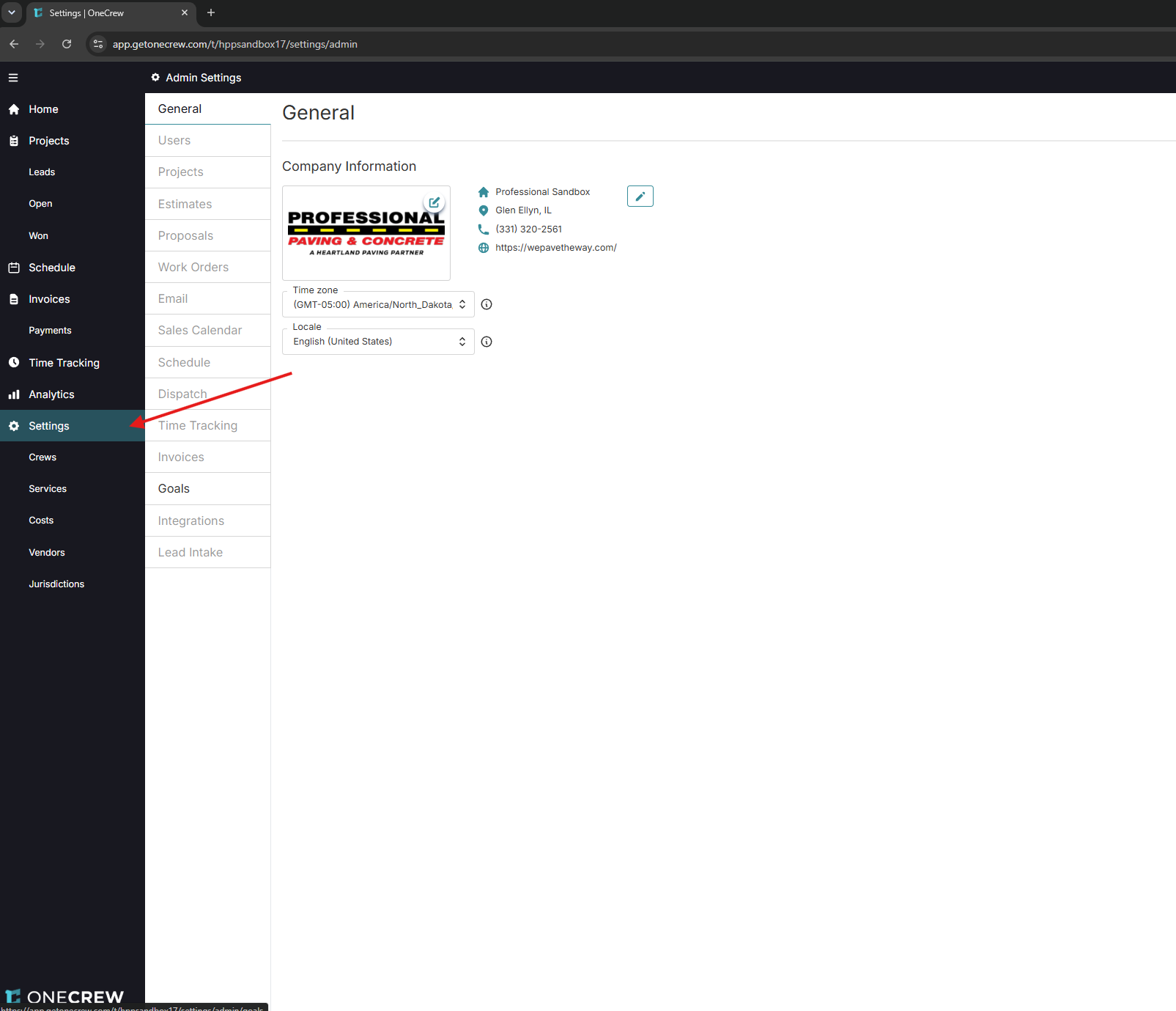 OneCrew Settings navigation showing Crews, Services, Costs, Vendors, and Jurisdictions.