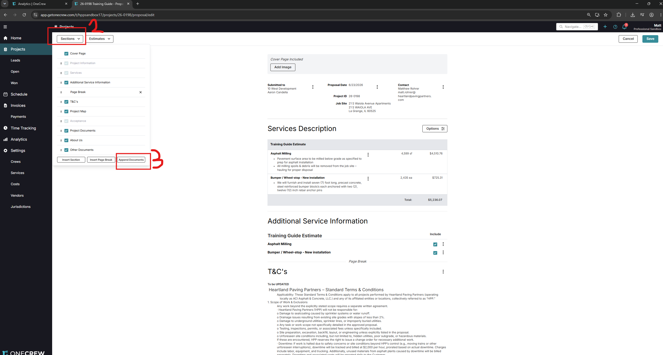 Append Documents option in the OneCrew Proposal editor