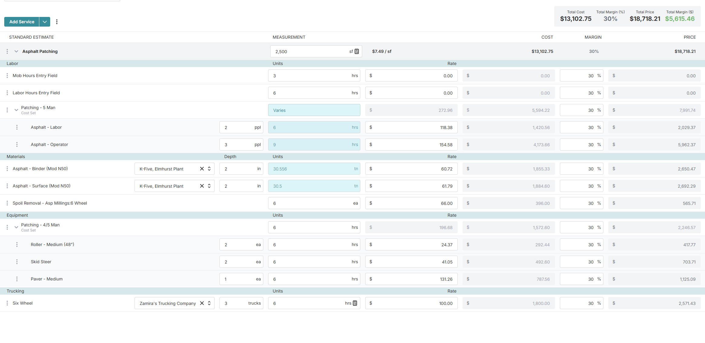Expanded OneCrew Estimate showing Service cost details