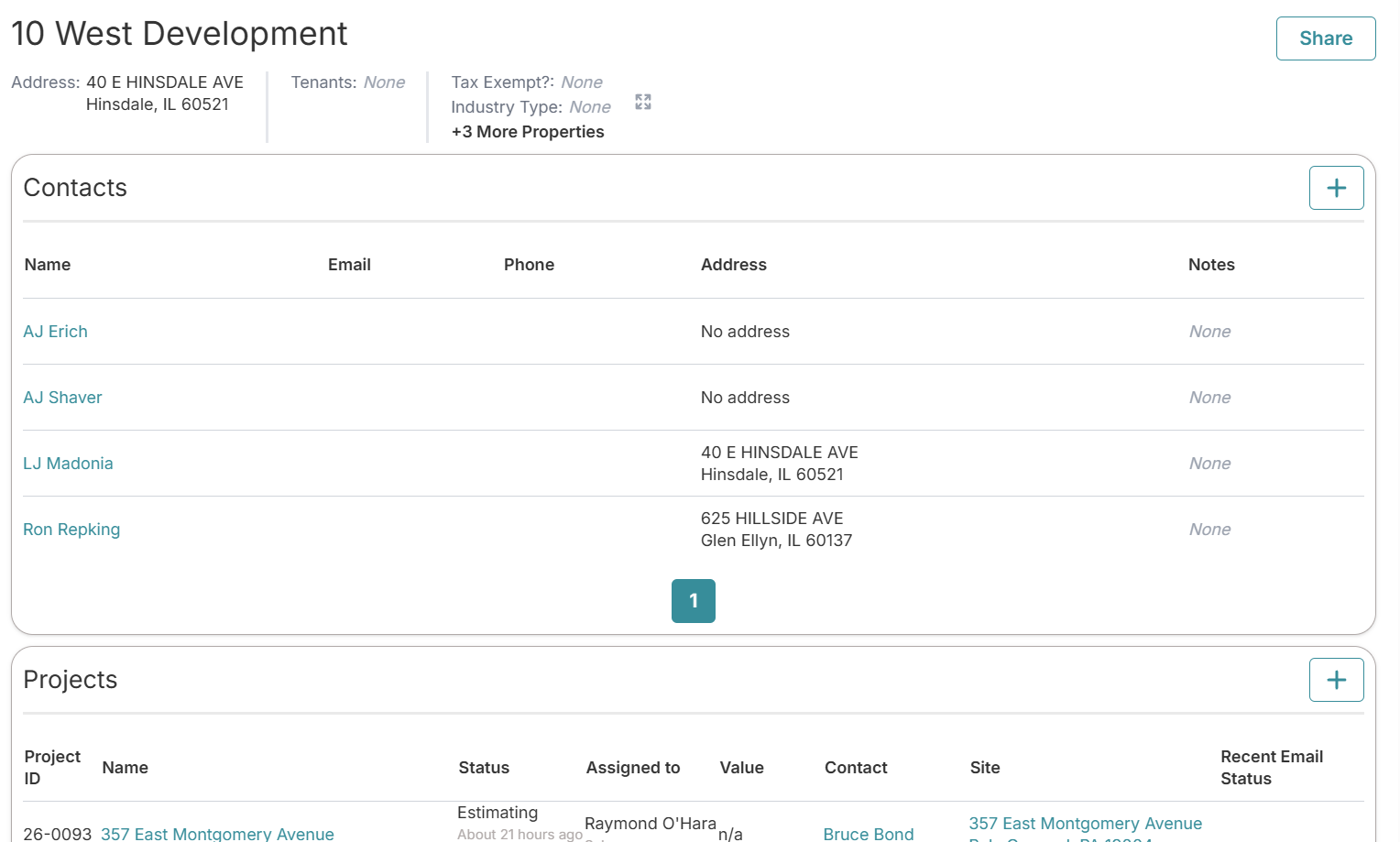 Example Account page in OneCrew showing Contacts, Projects, and Sites.