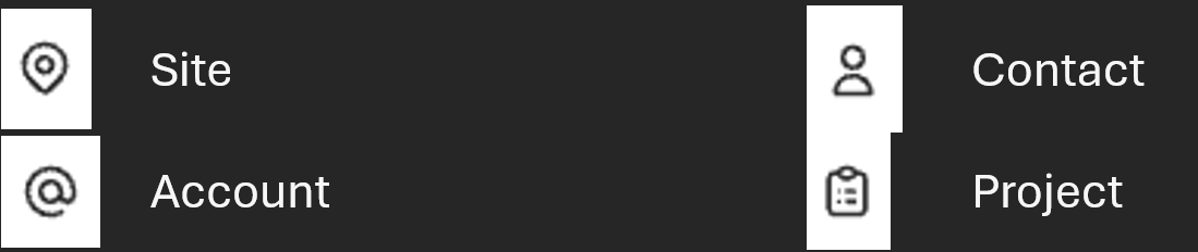 OneCrew record type icons for Site, Contact, Account, and Project.