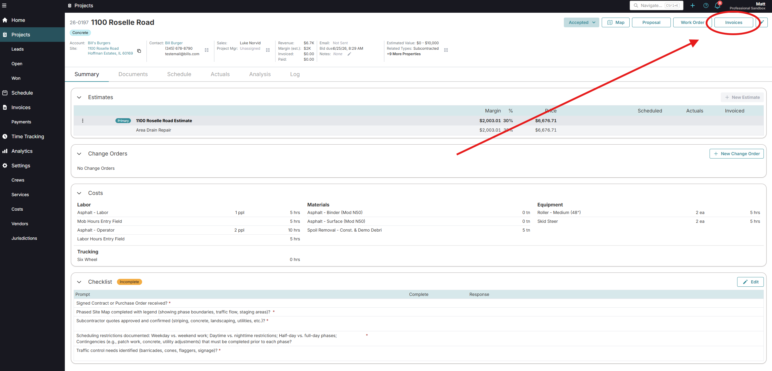 OneCrew invoice screen