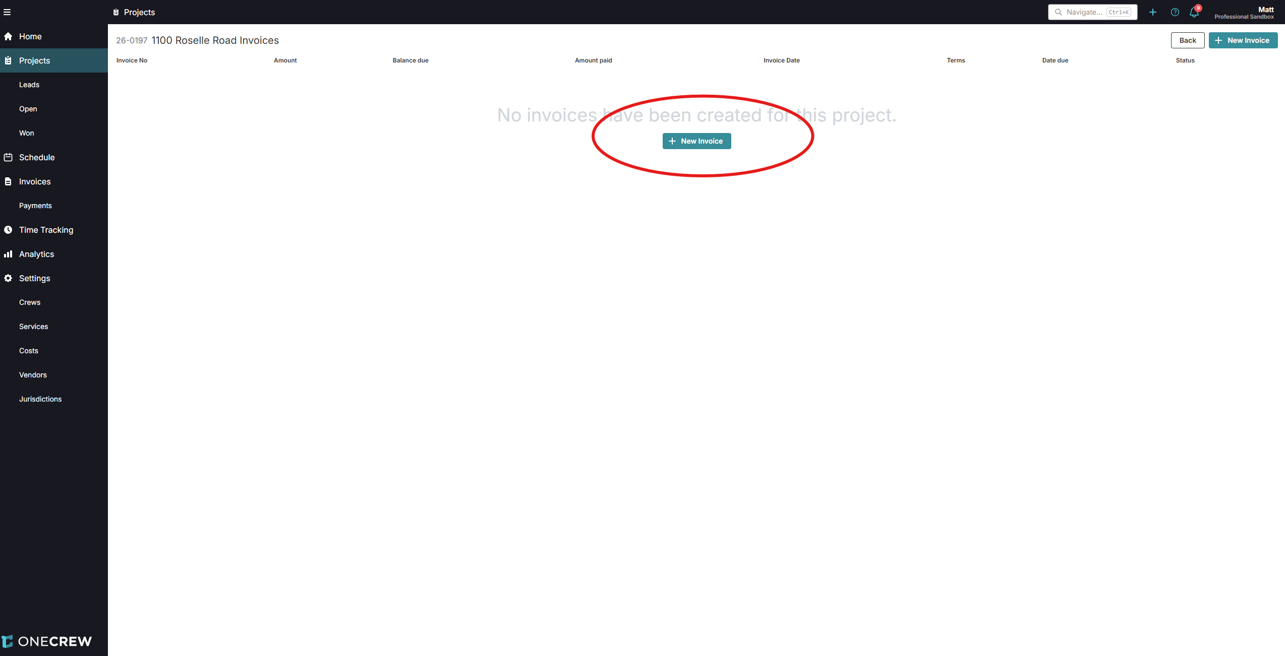 OneCrew invoice screen