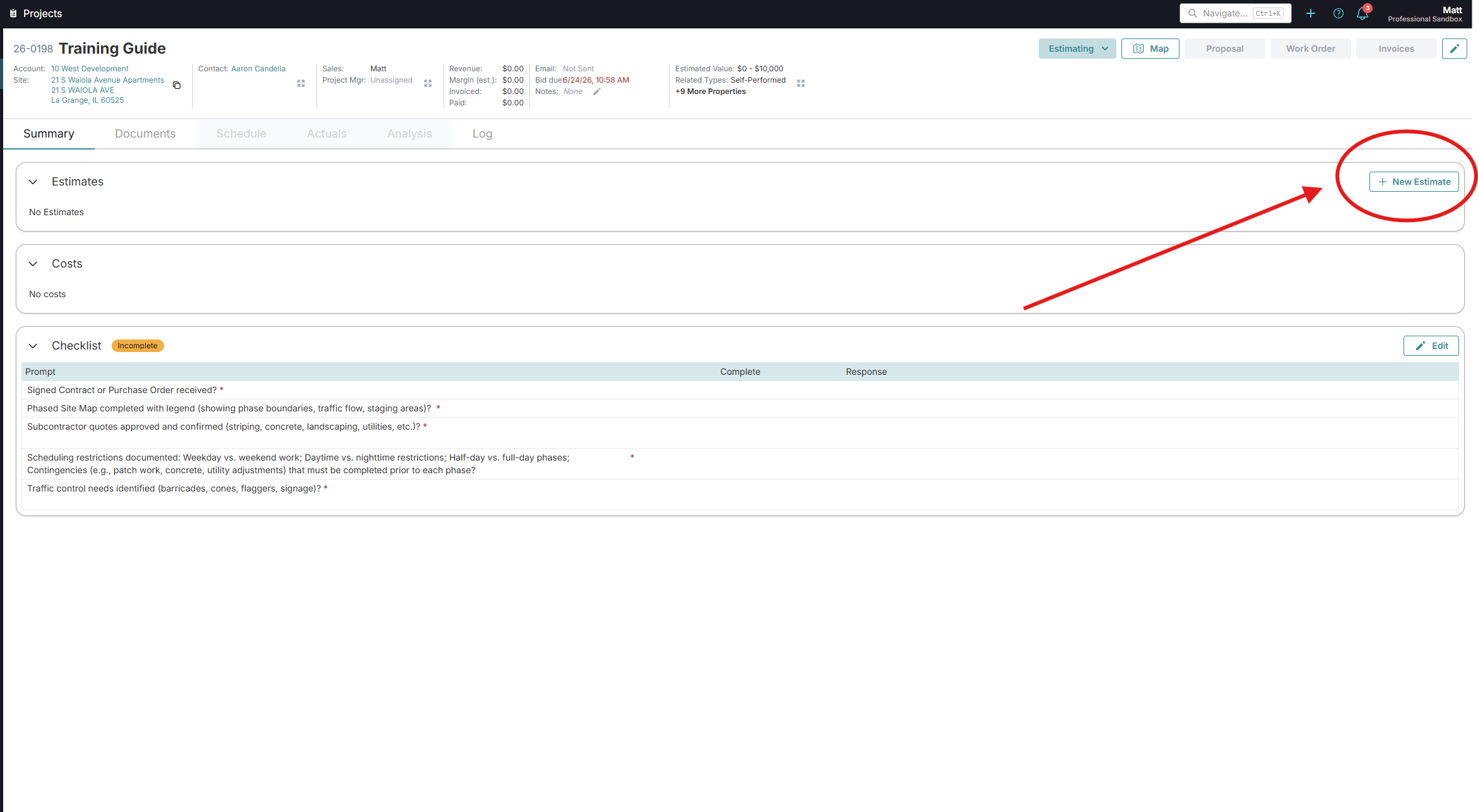 OneCrew Project page showing the New Estimate button