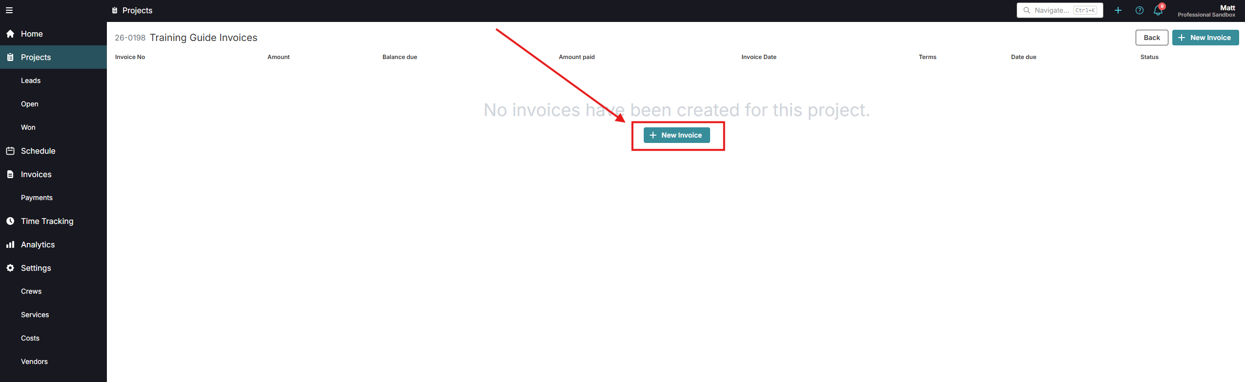 OneCrew Project invoice screen showing the New Invoice button