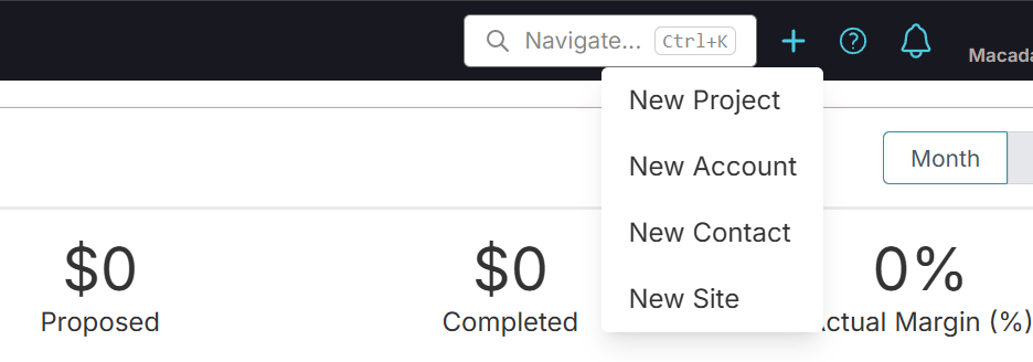OneCrew create menu with New account selected.