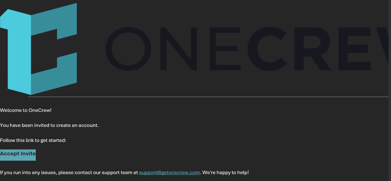 Example OneCrew invitation email with an Accept Invite button.