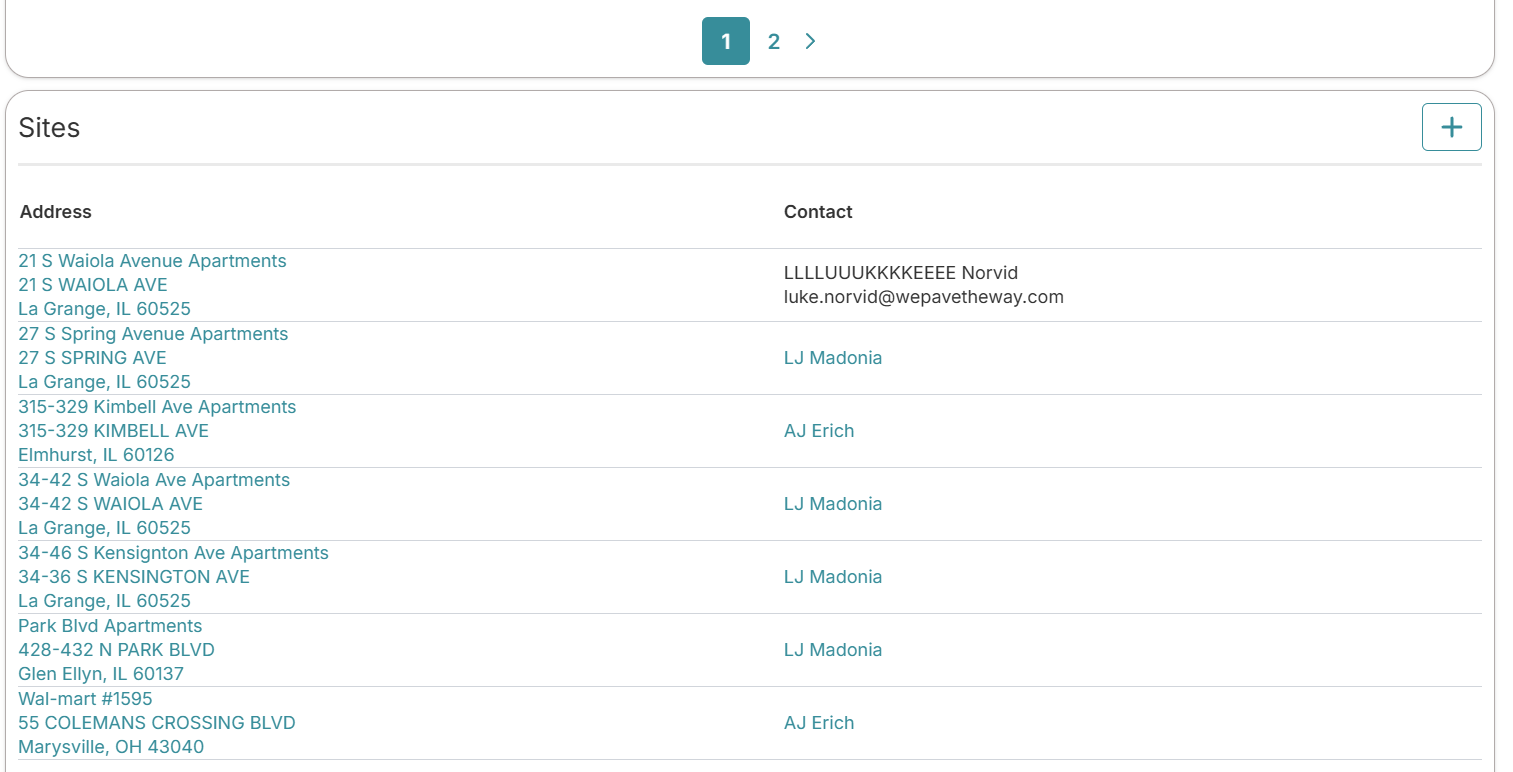 OneCrew Account page showing the plus button in the Sites box.