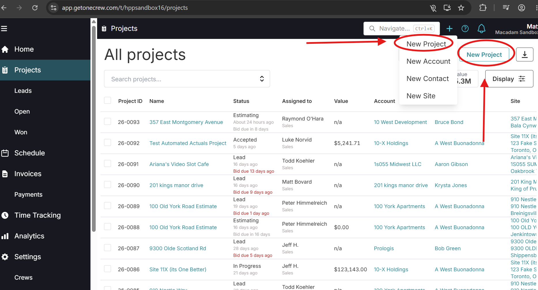 OneCrew New Project page