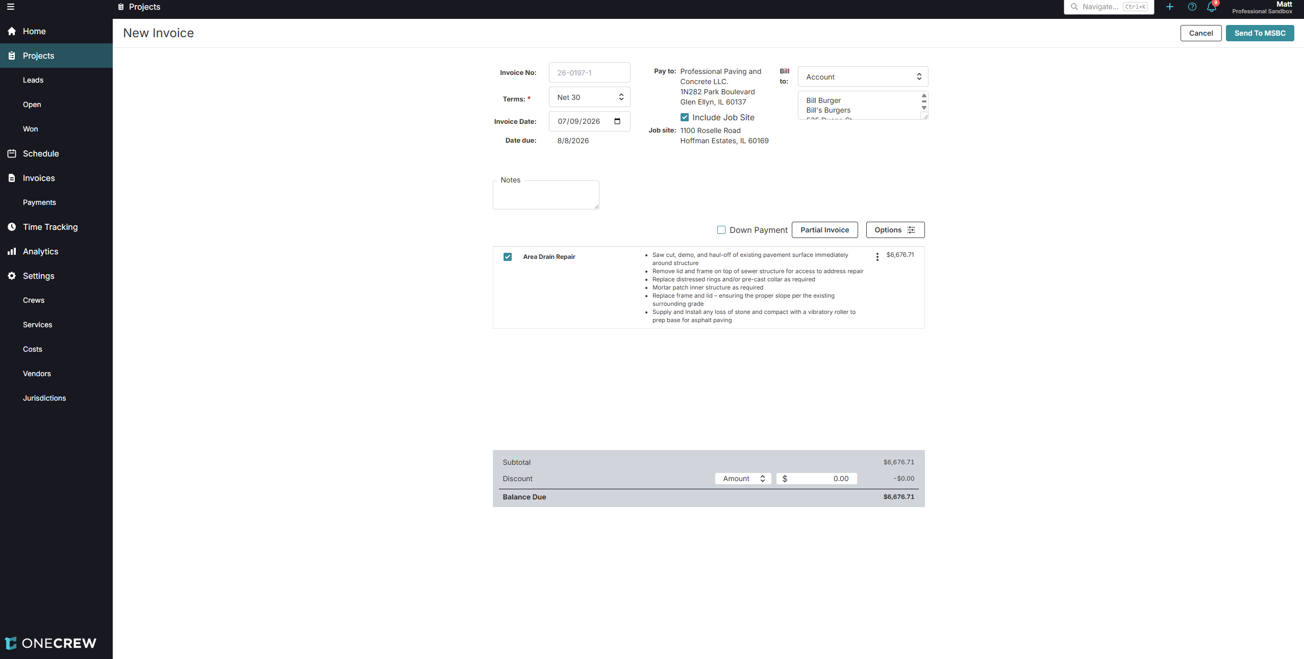 OneCrew invoice screen