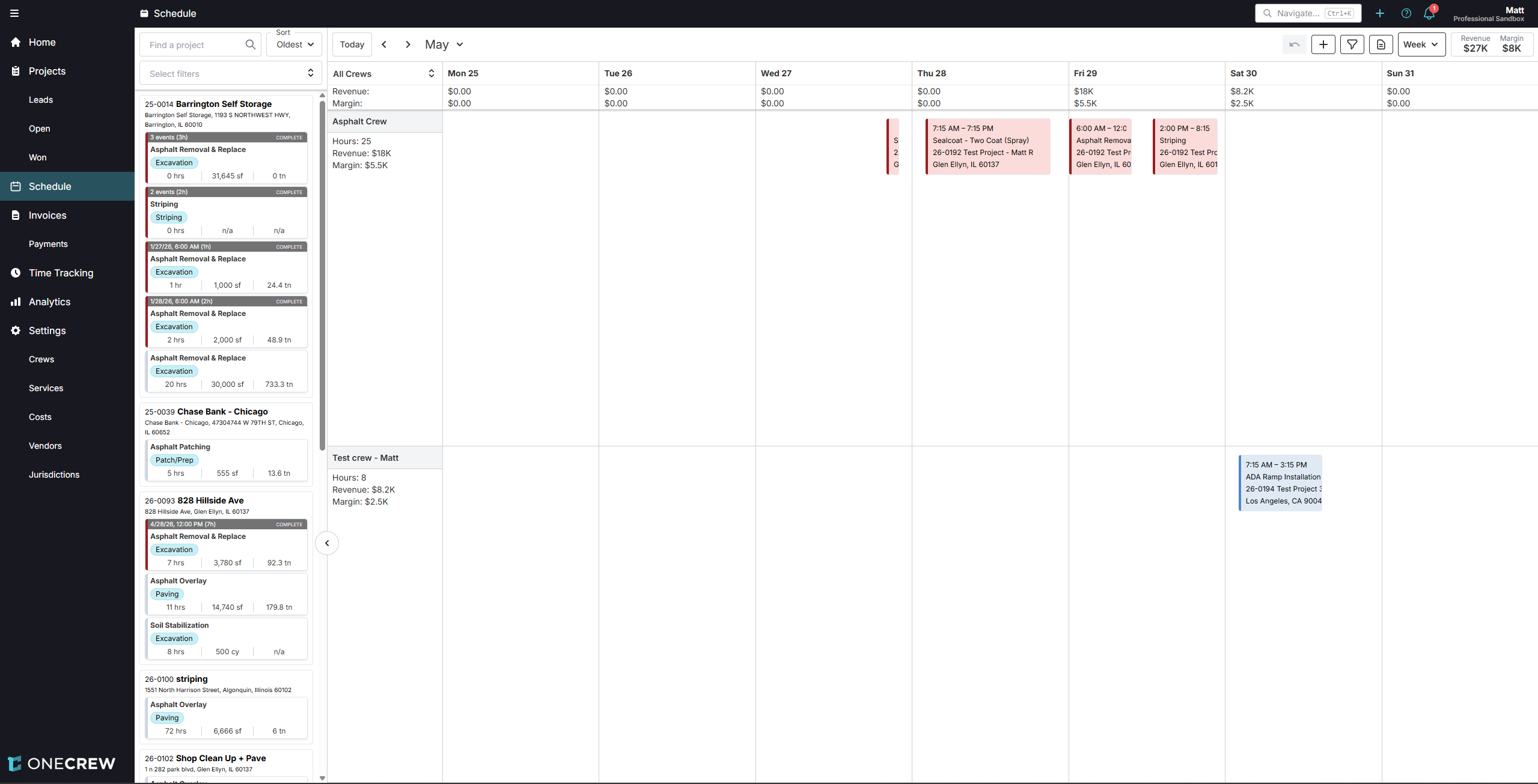 OneCrew Schedule page showing the Service Queue on the left and the crew calendar on the right.
