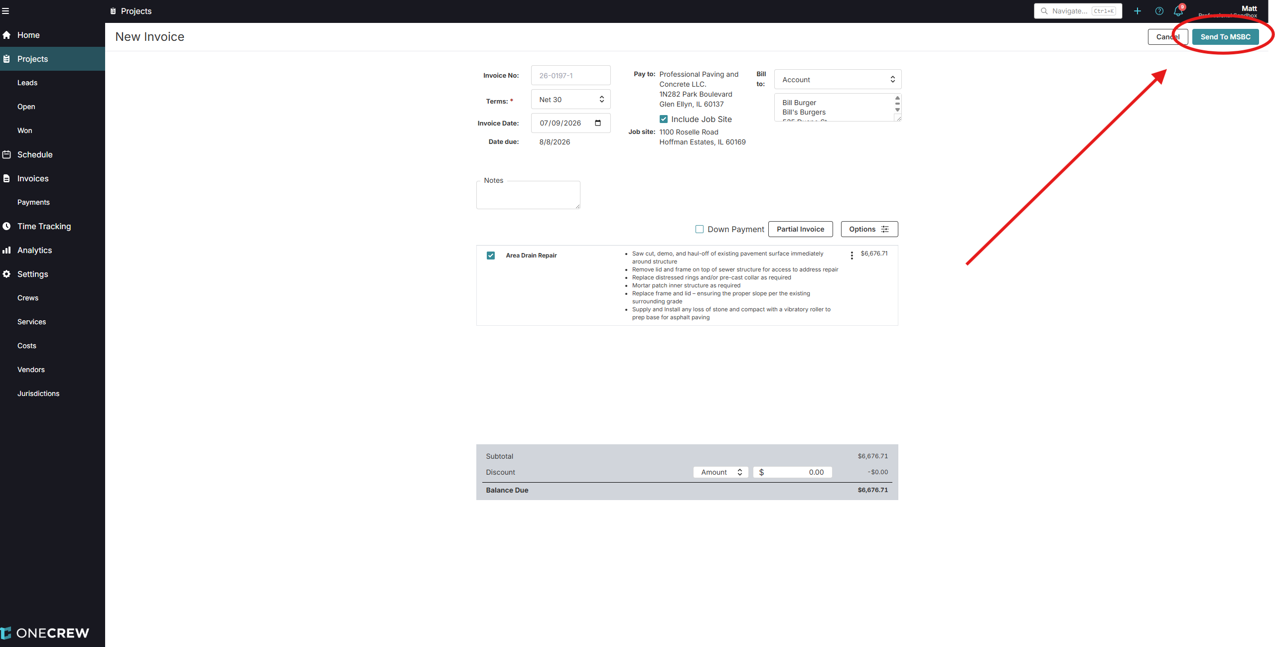 OneCrew invoice screen