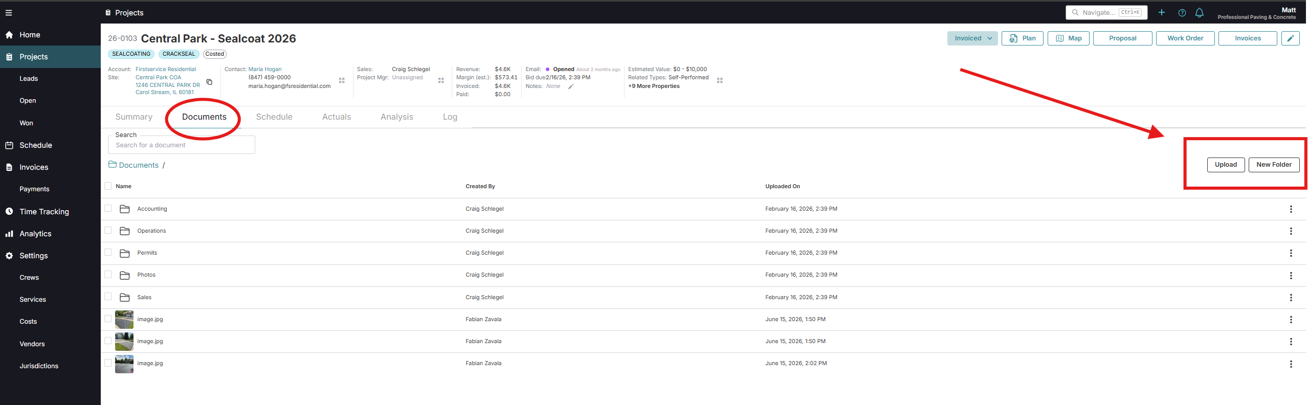OneCrew Project Documents tab showing supporting files and folders