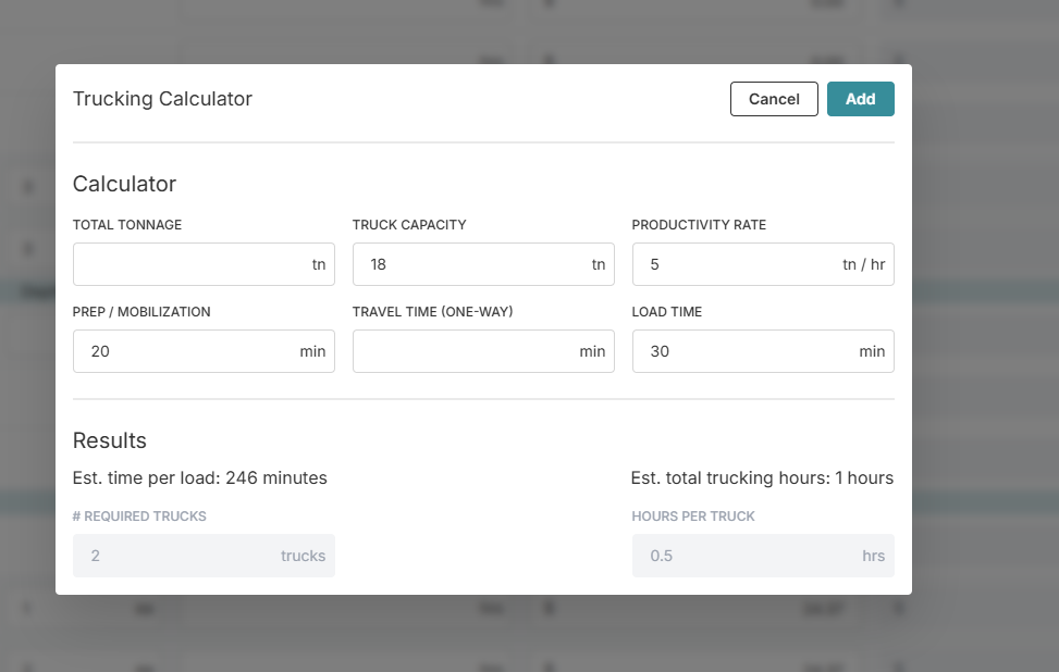 OneCrew Trucking Calculator showing travel time inputs and calculated trucking results.