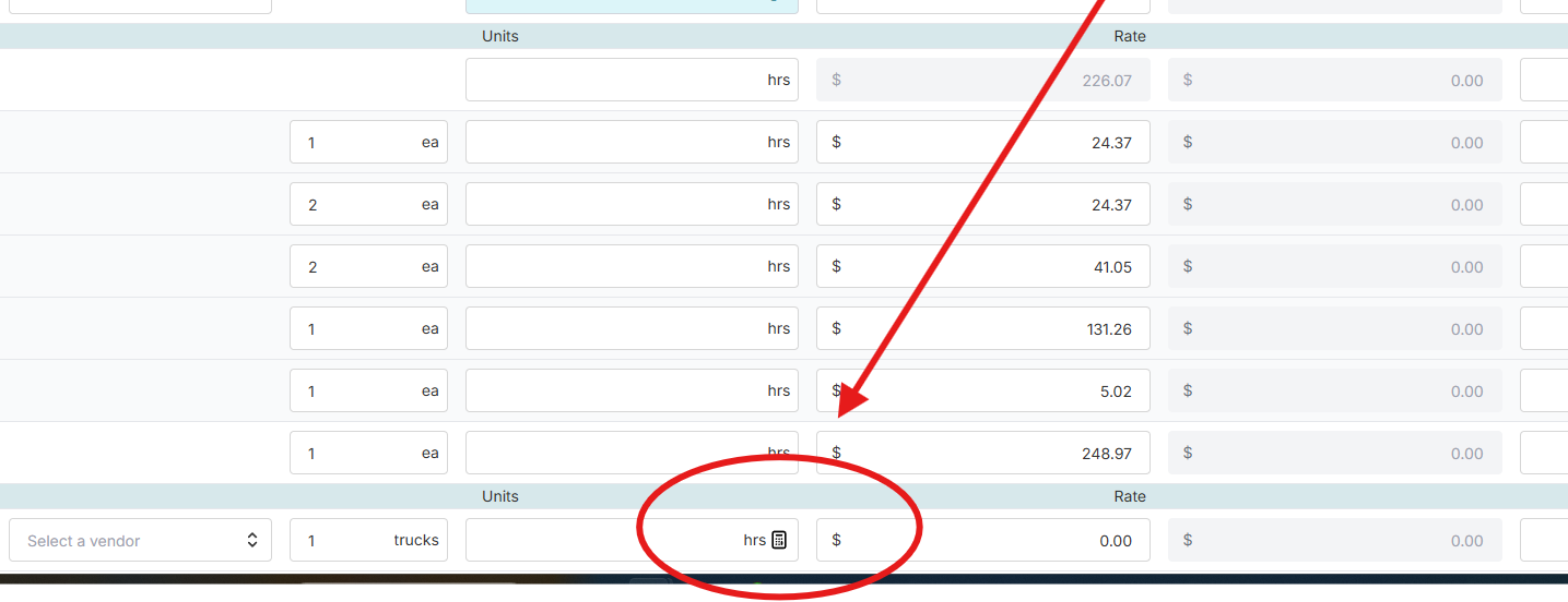 OneCrew Estimate showing the calculator icon beside the Trucking Units field.